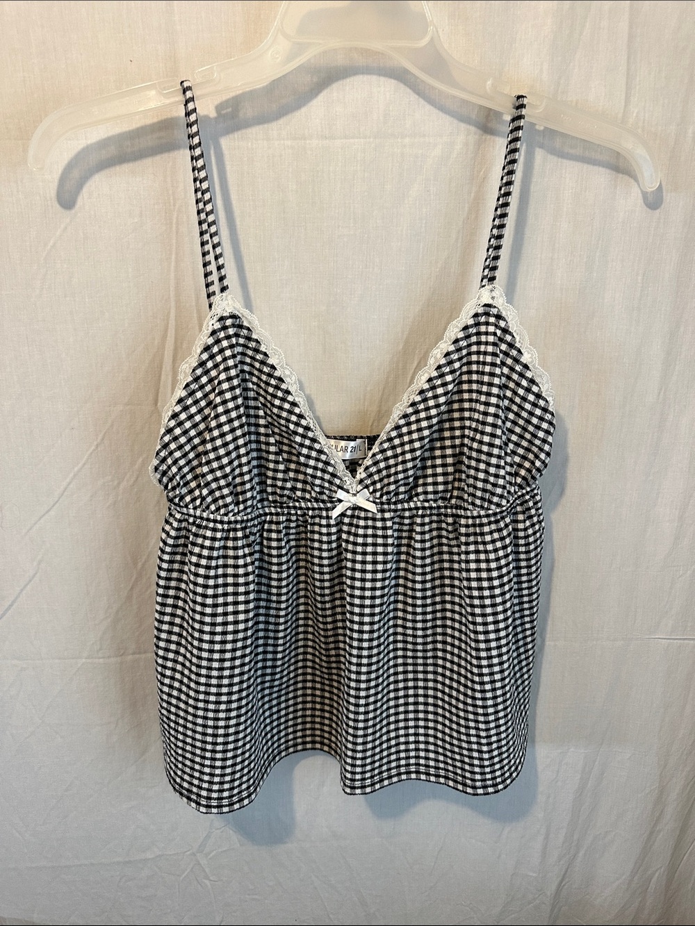 Gingham Lace-Trim Cami Top - Black & White